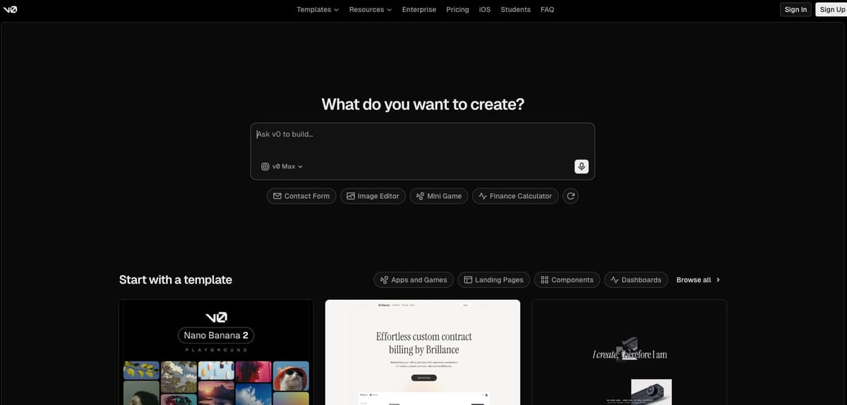 v0の画面。「What do you want to create?」の入力欄と、「Start with a template」のテンプレート一覧